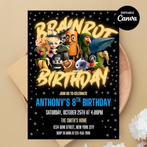 Może przedstawiać: Czarna zaproszenie urodzinowe z żółtym napisem "Brainrot Birthday" i postaciami z kreskówek. Zaproszenie zawiera tekst "Anthony's 8th Birthday" i szczegóły wydarzenia. Logo Canva znajduje się w prawym górnym rogu.