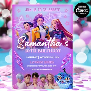 KPop Demon Hunter Birthday Invitation | Editable Canva Template | Kpop Anime Invite | Digital Download | Printable Birthday Card for Kids