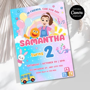 May include: A colorful birthday invitation with the name "SAMANTHA" in pink letters and the number "2" in blue. The invitation features cartoon characters, balloons, and a rainbow. The text "HI FRIENDS, CAN YOU SAY..." is at the top.
