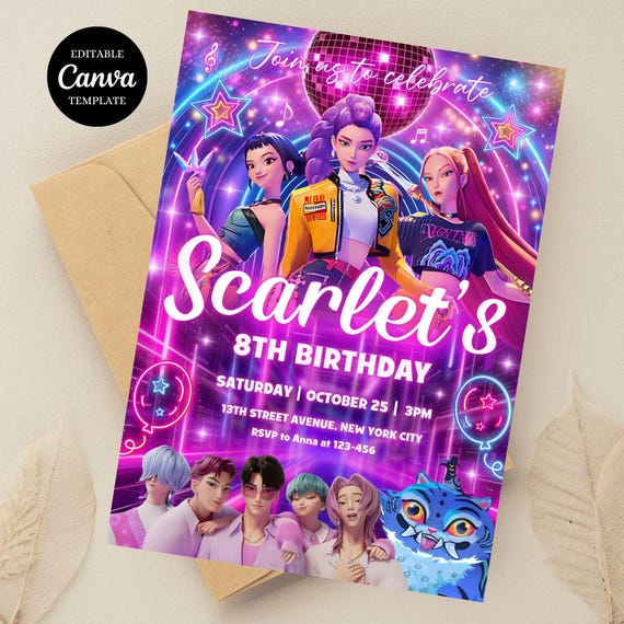 Kpop Demon Hunters Birthday Invitation Template Editable Canva Template | Kpop Anime Invite | Digital Download | Printable Card for Kids