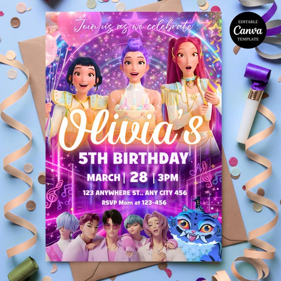 kpop Birthday Invitation | Kpop Demon Hunters Birthday Invitation | Editable Canva Template | Kpop Anime Invite | Printable Invite Card