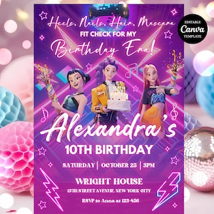 Pode incluir: Um convite de aniversário roxo com o texto "Heels, Nails, Hair, Mascara" e "Fit Check For My Birthday Era!". O convite apresenta três figuras animadas e o texto "Alexandra's 10th Birthday".