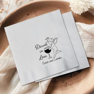 Drunk In Love Cherub Hand Drawn Cupid Icon Personalized Wedding Napkins, Custom Bridal Shower Cocktail Napkins, Vow Dinner, Engagement Party