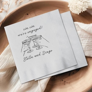 Personalized Cin Cin We're Engaged Hand Drawn Glasses Napkins, Custom Wedding Cocktail Paper Napkins, Rehearsal Dinner, Engagement Party
