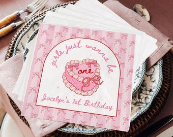Personalized 1st Birthday Napkins, Girls Just Wanna Be One, Bow Theme