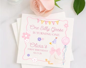 Personalized Silly Goose First Birthday Napkins, Girl Shower Decor