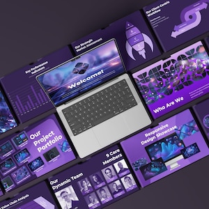 May include: A laptop with the word "Welcome!" on the screen is surrounded by purple presentation slides. The slides feature text like "New Era of Intelligence," "Our Project Portfolio," and "Who Are We." The overall theme is business and technology.