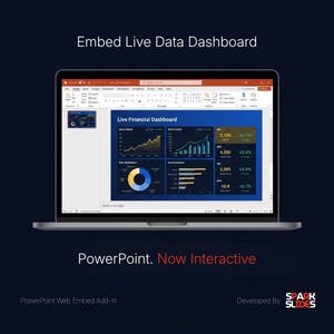 Könnte beinhalten: Ein Laptop-Bildschirm zeigt eine PowerPoint-Präsentation mit dem Titel Embed Live Data Dashboard. Die Folie enthält ein Live Financial Dashboard mit verschiedenen Aktiencharts, Datenverteilungsdiagrammen und KPI-Kennzahlen. Der Text PowerPoint. Now Interactive erscheint unter dem Laptop.