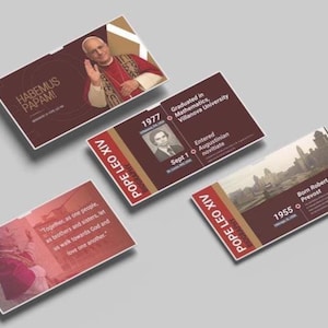 May include: Four rectangular cards in maroon and gold. The cards display images of Pope Leo XIV, historical dates, and text including "HABEMUS PAPAM!" and biographical information.