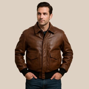 Men’s A-2 Brown Leather Bomber Jacket | Real Cowhide Leather Aviator Flight Jacket | Classic Pilot Jacket Ribbed Cuffs Handmade Gift for Him