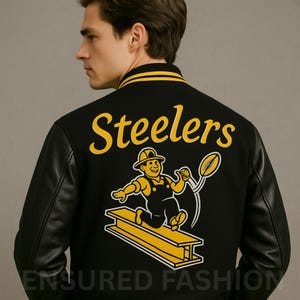 Pittsburgh Steelers Varsity Jacket – Vintage Style Leather & Wool NFL Bomber | Embroidery Patch | Men’s Retro Football Jacket