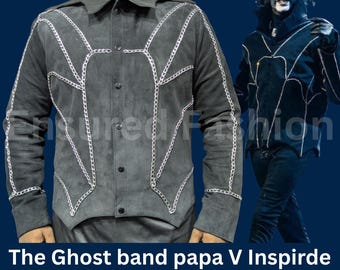 The Ghost Band Papa V Perpetua Inspired jacket Genuine Suede Leather Jacket | Silver Chain Metal Detailing Handmade Gothic Rock Fashion