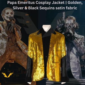 Papa Emeritus Ghost Band Cosplay Blazer | Golden, Silver & Black Sequin Jacket | Glam Concert Outfit | Halloween Costume | F**k You Patch
