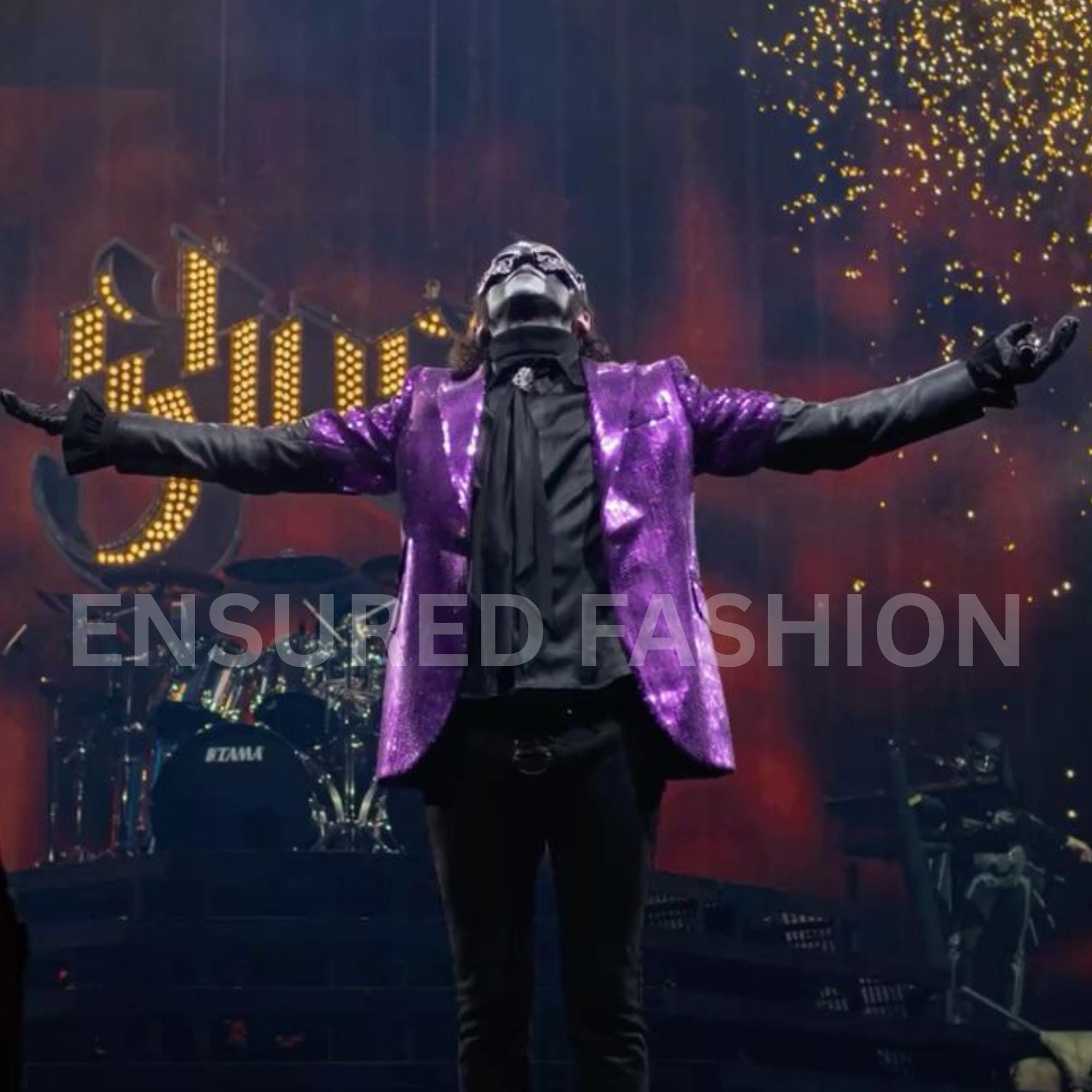 Ghost Band Papa Emeritus Cosplay Blazer | Glam Rock Purple Sequin Jacket | Gothic Concert Costume | Festival, Halloween, With "Fk You" patch