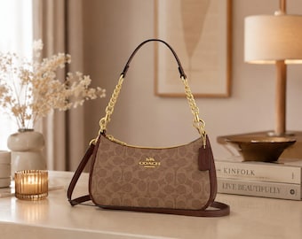 Canvas Shoulder Bag, Gold Tan Brown, Classic Everyday Handbag