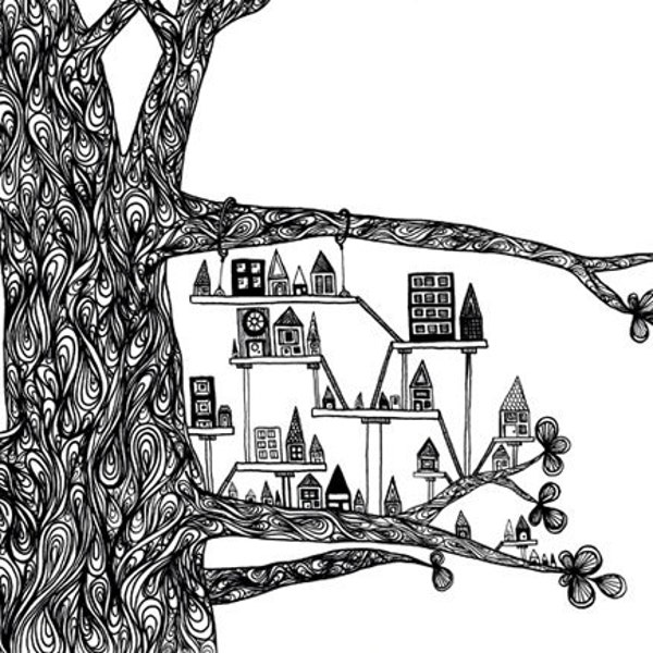 Black White Art Print: "Treehouse City" - Ink Pen Drawing of a Swirly Tree With a Small City 8x10 Whimsical Print