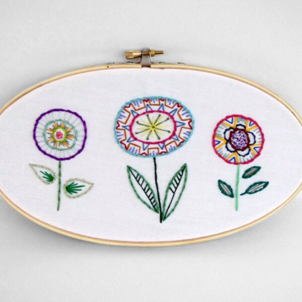 Oval Embroidery Hoop with Three Colorful Abstract Hand-Stitched Flowers - 5x9" Embroidery Hoop Fiber Art Wall Hanging