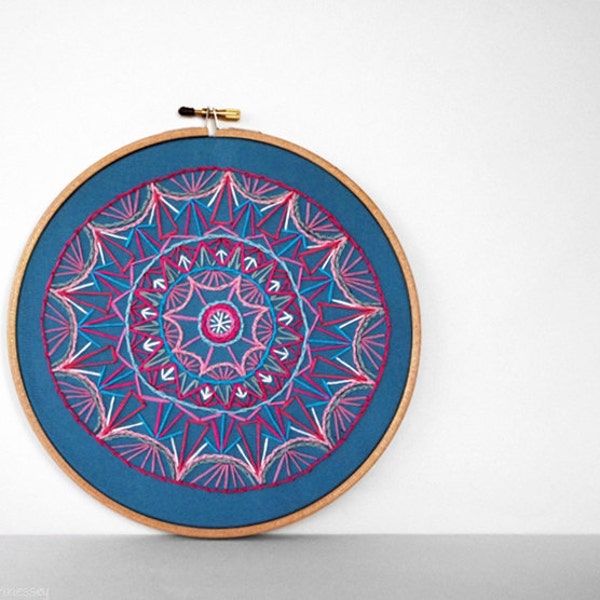 Abstract Teal and Pink Symmetrical Circle Mandala  8 inch Embroidery Hoop Art