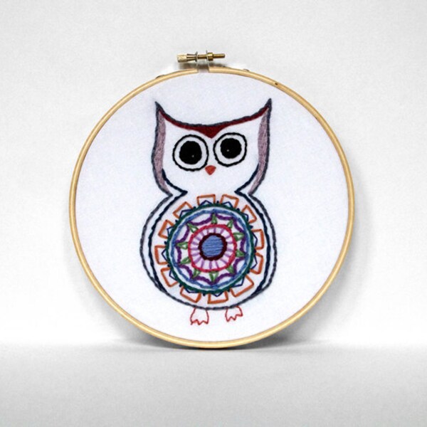 50% OFF - Owl Embroidery Hoop - Adorable Colorful Bird with Big Black Charming Eyes and a Fancy Circle Belly - 6 inch Embroidery  Hoop Art