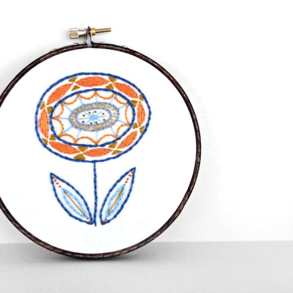 Blue, Orange and Mustard Embroidered Flower 5 inch Embroidery Hoop Fiber Wall Art