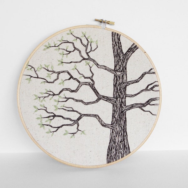 Tree Art Hand Embroidery in Brown, Tan and Green Leaves. Neutral Nature Embroidery Hoop Wall Art 8". Embroidered Fiber Art Wall Hanging