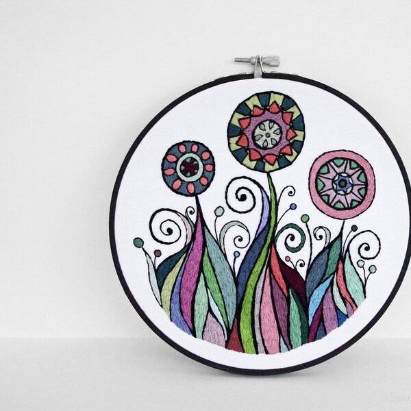 Embroidered Flower Garden in Rainbow Colors with Black Outlines, 7 inch Hand Embroidery Hoop Wall Art by SometimesISwirl