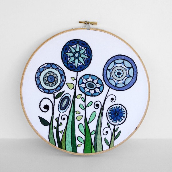 RESERVED FOR MARYA 25% Off Flowers Embroidery Hoop Art, Blooms and Swirls in Blue and Green, 8 inch Hoop Wall Art by SometimesISwirl