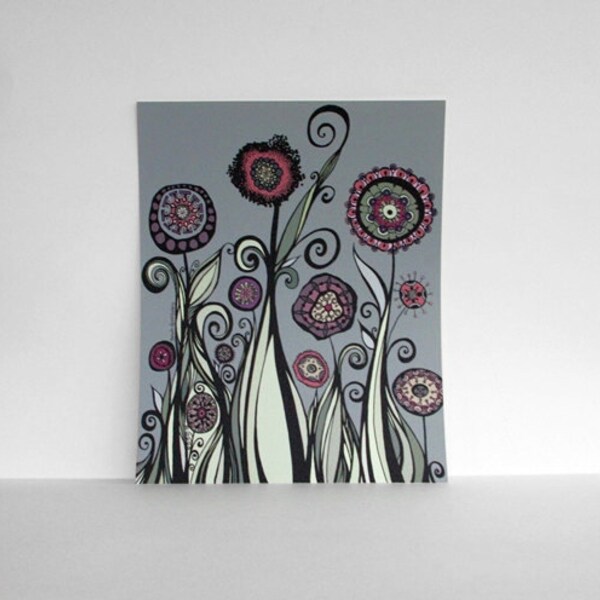 Tall Abstract Garden in Blue, Green and Mauve 8x10 Print