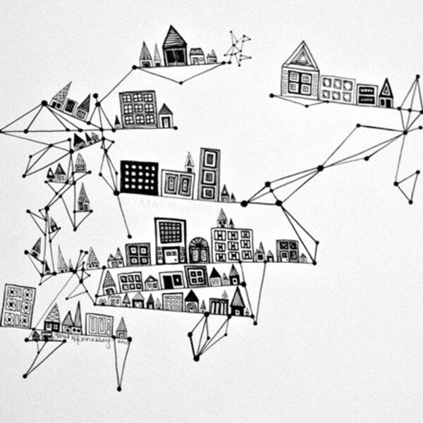 Black and White Drawing of A City with Diamonds and Houses, 8x10 Original B&W Archival Ink Pen Line Drawing