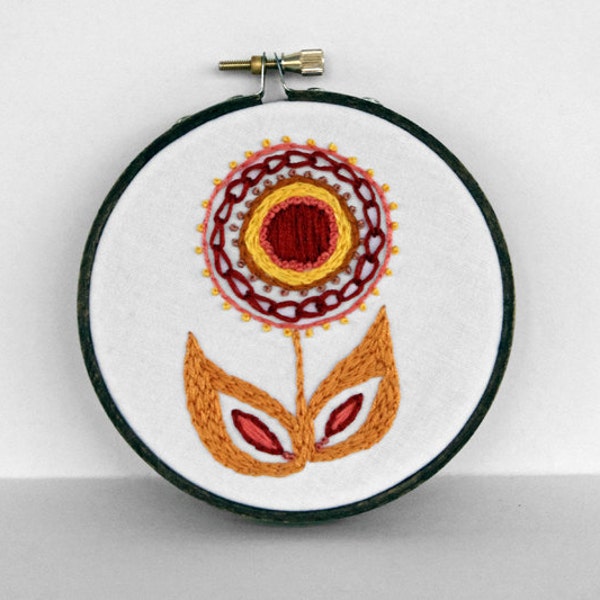 Brick Red, Sunny Yellow, and Cheery Orange Embroidered Flower - 4 inch Hoop Art