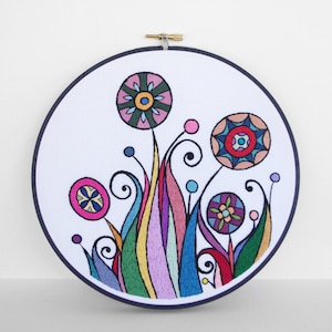 Hand Embroidery Art - Rainbow Embroidered Abstract Flowers, Finished 8 inch Embroidery Hoop Wall Art
