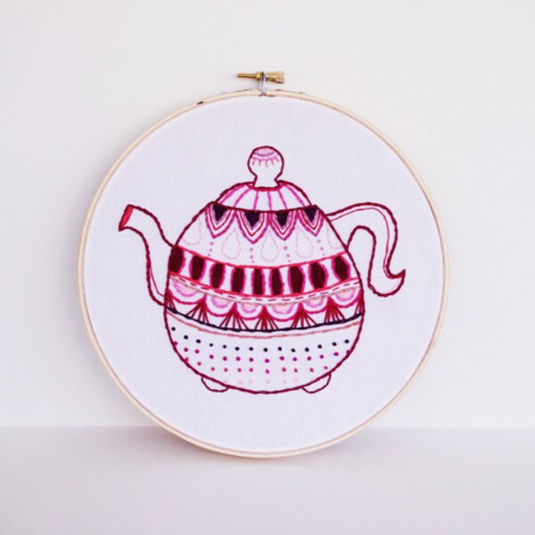 50% OFF SALE - Embroidery Hoop Art Pink, Red, Maroon and Burgundy Embroidered Teapot - 8 inches Fiber Art