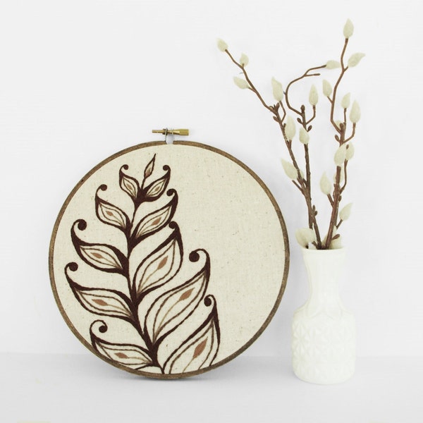 SALE 30% OFF Embroidery Art Botanical Leaf Fiber Art. Embroidery Hoop Art of Brown and Tan Leaf Design in 7" Hoop