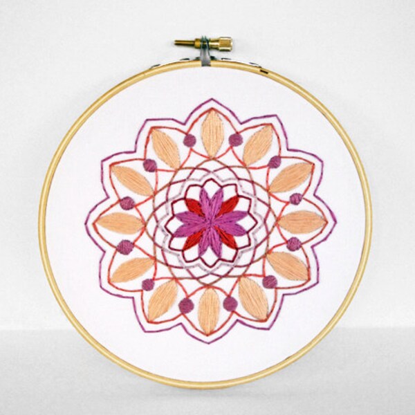Embroidered Mandala in Peach, Orange, Pink and Tangerine - 6 Inch Embroidery Hoop