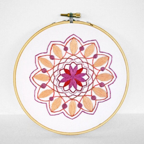 Embroidered Mandala in Peach, Orange, Pink and Tangerine - 6 Inch Embroidery Hoop