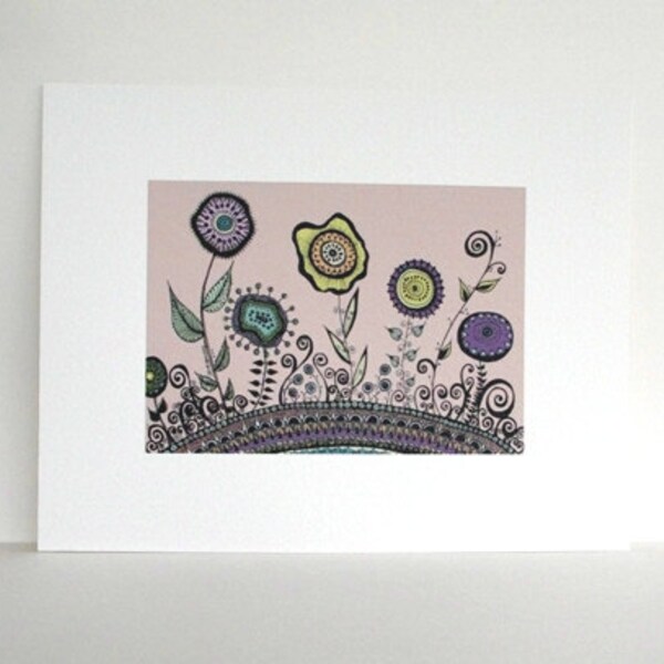 50% OFF SALE: Rose Pink Sky Behind a Row of Abstract Flowers, Growing From the Ground - 5x7 Print