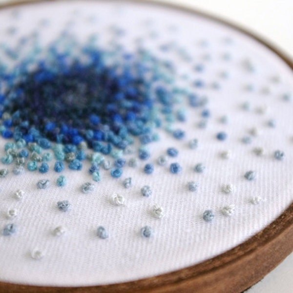 Gradient French Knot Piece from Navy to Cobalt to Sky Blue - 4 inch Ombre Embroidery Hoop Fiber Art MADE TO ORDER