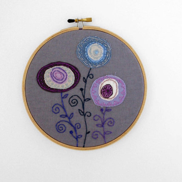 50% OFF SALE: Three Embroidered Fabric Flowers in Lavender, Gray and Sky Blue 5 inch Hoop Art