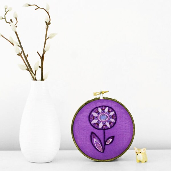 Embroidered Abstract Flower in Purple, Lilac, and Lavender - 4 inch Embroidery Hoop Floral Fiber Art for Spring