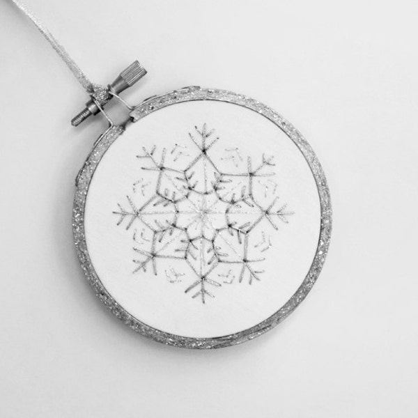 Silver Glitter Snowflake Embroidery Hoop Christmas Ornament in White Grey - Winter & Holiday Decoration 3" Hoop