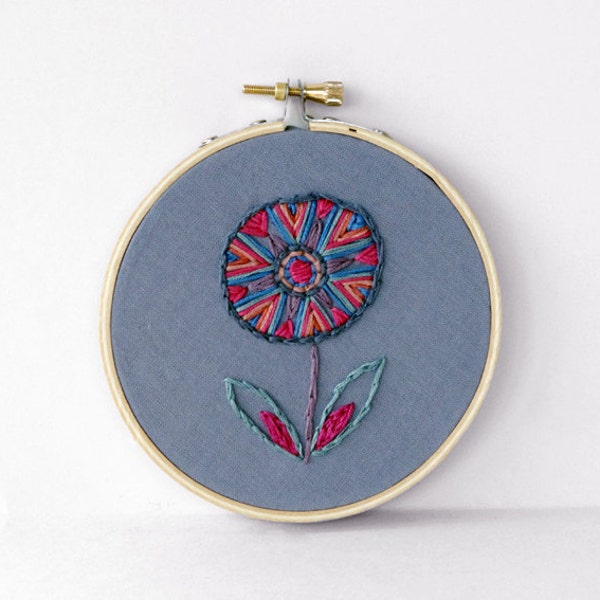 Embroidered Flower in Gray, Coral, Peach, Lavender, Moss Green, Maple and Magenta 4 inch Embroidery Hoop Fiber Art