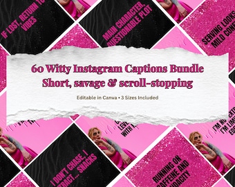 60 Witty Instagram Captions Bundle | Funny Short Sayings | Sassy Quotes Pack | Social Media Content | Includes 3 Sizes Digital Download