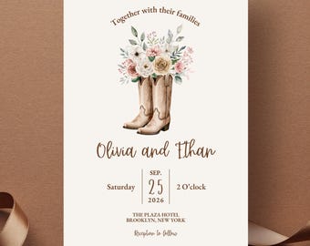 Editable Wedding Invitation Set, Canva Template, Cowboy Boots Western Floral, Digital Download