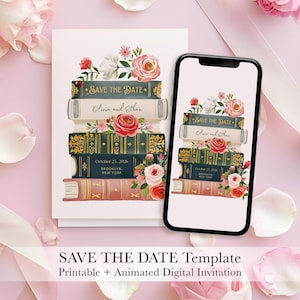 May include: A digital invitation design featuring a stack of vintage books adorned with flowers. The text "Save the Date" is displayed, along with names and a date. A smartphone displays the same design. The background is a soft pink with rose petals.