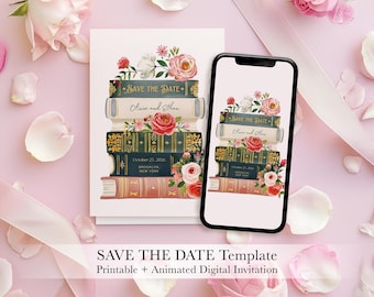 Bewerkbare bruiloft bewaar deze datum canva-sjabloon, grillige vintage boeken, botanisch, digitale download