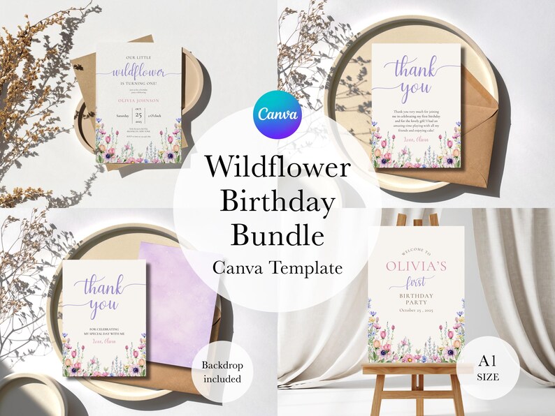 Editable Birthday Bundle Canva Template, Long Message, Wildflower ...