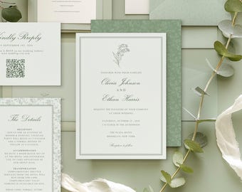 編集可能な結婚式招待状セット Canvaテンプレート、エレガントなスズラン柄、即時ダウンロード