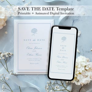 May include: A digital wedding invitation template with the text "SAVE THE DATE" and the names Olivia Johnson and Ethan Harris. The design includes a floral illustration and is displayed on a smartphone and a framed card.