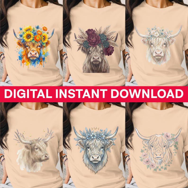 Highland Cow Png Bundle, Floral Boho Watercolor Cow Head Clip Art ...