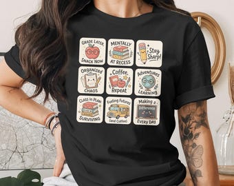 Teacher Life T-Shirt, Funny Back to School Educator Tee, Coffee Repeat Grade Later Gift, School Staff Appreciation, Cute Learning Adventures